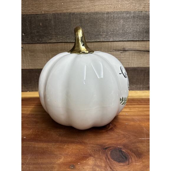 Martha Stewart Porcelain Ceramic Pumpkin HELLO FALL White with Gold Autumn Fall - Picture 2 of 5